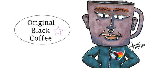 A cartoon style drawing of a purple cup of black coffee with a face on it attached to a human-like body